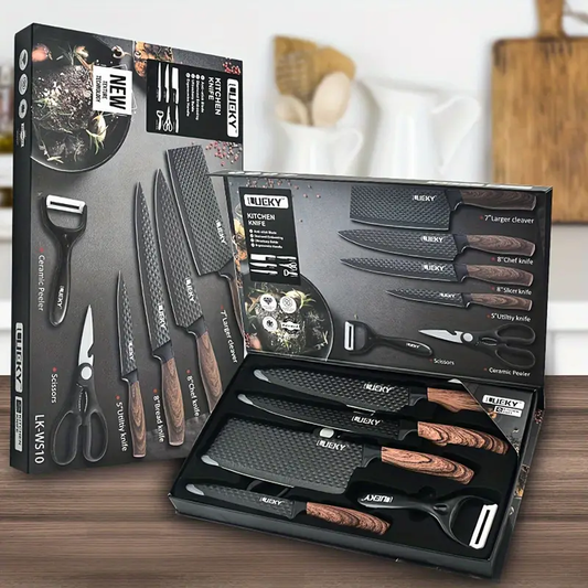 Professional 1/6 Kitchen Knife Set, Chef's Knife, Slicing Knife, Scraper And Scissors, Stainless Steel Super Sharp, with Anti-stick Ergonomic Wooden Handle, Chef's Knife Set, Suitable for Family Travel, Gift Box Set