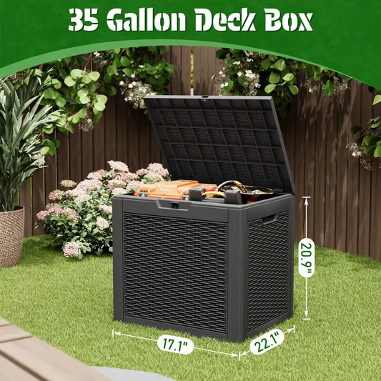 35 Gallon Waterproof Outdoor Deck Box W/Locking Hole, Organizer Storage Box with Side Handles, Outdoor Storage & Organizing Supplies, Storage Boxes for Patio, Garden, Backyard, Easy to Move, Resin Storage Boxes, Bins,