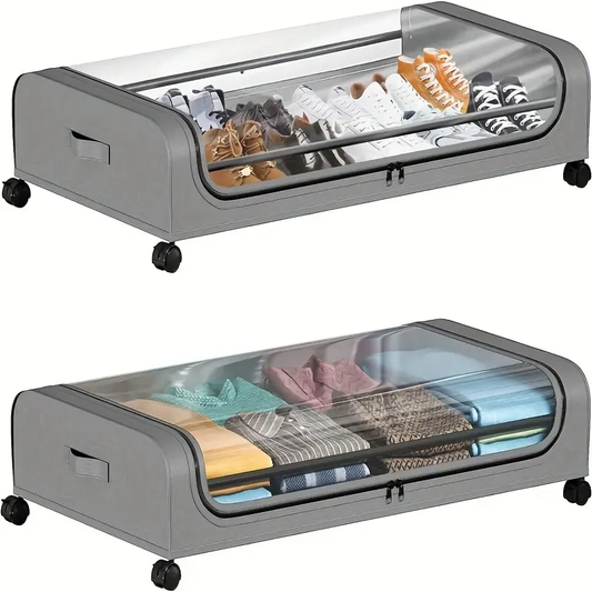 2pcs Under Bed Storage Organizer Metal Underbed Bins With Wheels And Lid Metal Underbed Storage Containers Under Bed Rolling Storage For Clothes, Bedding, Shoes, Blankets, Books, Toys, Baskets, Bins & Containers for Home Organization