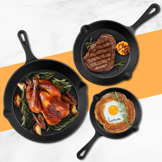 3pcs/4pcs Cast Iron Skillet Set, Heavy-Duty Pre-Seasoned Cookware for Superior Heat Retention, Non-Stick, Multi-Functional with Ergonomic Handles, Frying Pans for Indoor and Outdoor Cooking